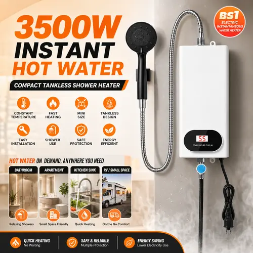 3500W Fast Heat 110V Tankless Electric Water Heater with Shower Head, Instant Hot Flow, LCD Screen, Compact Small Design, Easy Install for Bathroom Kitchen, RV & Small Bath Fit, Heating