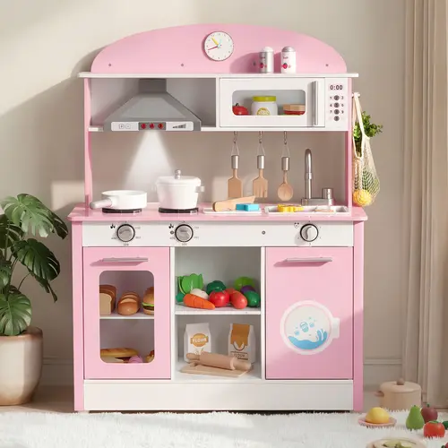 【SummerFinds】VEVOR Pink Wooden Kids Play Kitchen Girl Toy, Pretend Play Set with Real Lights, Sounds, Food, Cookware, Microwave, Oven, Clicking Knobs, Child-Safe for Toddlers Ages 3-8, Toddler Gifts