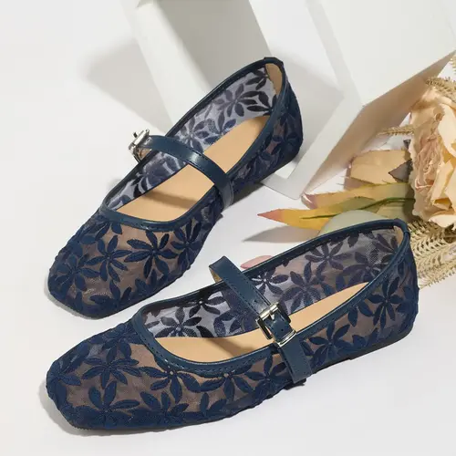 Women's Square Toe Ballet Flats, Floral Embroidery Hollow-Out Mesh Breathable Mary Jane Shoes, Summer Wide-Fit Flat Shoes, Embroidered Ballet Flats