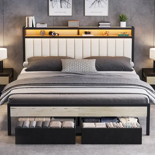 Amerlife Modern Velvet Upholstered Queen Storage Bed Frame - RGBW LED Light, Wood-Grain Metal Platform, 2 Drawers, Storage Headboard, Heavy-Duty Slats, 13.8" Under-Bed Clearance, No Box Spring Needed, Easy Assembly, Bedroom Decor, Space Saving Solutions
