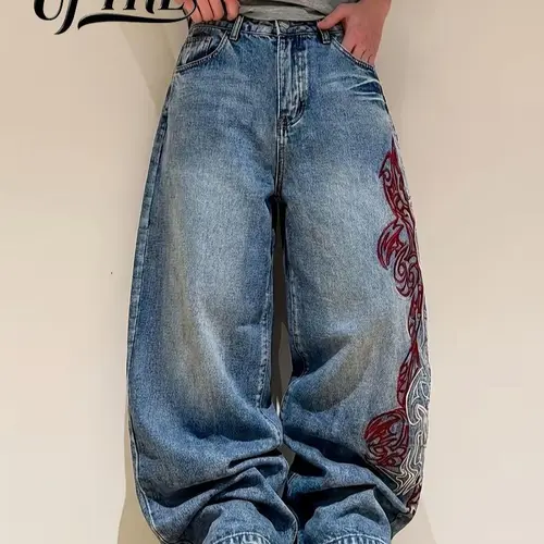UPTHE Men's Loose-Fitting Wide Leg Jeans, Y2K Inspired Streetwear with Embroidered Totem Design, Plain Below Ankle Light Wash Denim, All Seasons Comfortable Durable Bottoms for Skateboarders