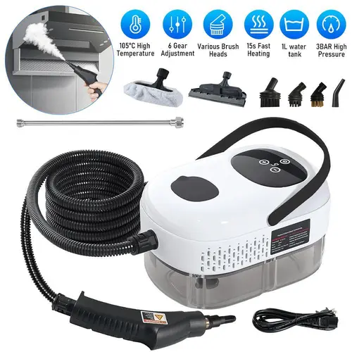 Handheld High-Pressure Steam Cleaner, 1500W Power Family-Safe Chemical-Free Cleaner, 50 PSI, 1000ml Tank, 6 Adjustable Settings, 15s Hot Steam (105°C/221°F), 16-Piece Kit, Aluminum Plate, Portable Multi-Surface & Car Detailing Tool with Tool Box, Rubber R