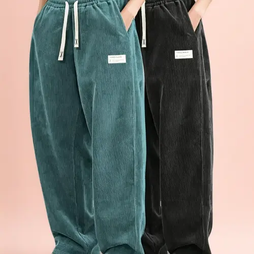 Women's Dark Green Corduroy 2-Piece Set - High-Waisted Drawstring Wide-Leg Pants & Breathable Sweatshirt, Sporty Chic Aesthetics Clothes, Pants for Women, Home & Light Athletic Use, Smooth Drapey Minimalist (Black Option)