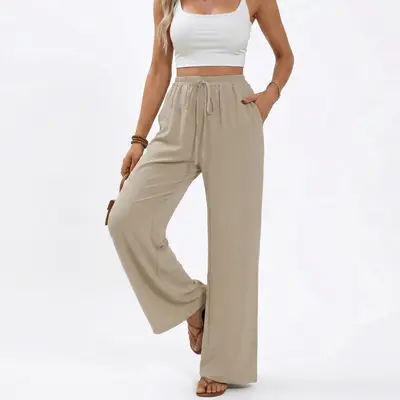 Women's High-Waisted Wide-Leg Polyester Bottoms - Anti-Wrinkle, Flowy, Smooth, Draped Palazzo Pants with Adjustable Drawstring - Lightweight, Chic Lady Summer Casual Slacks for Shirts or Bodysuits