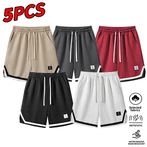 5PCS Men’s drawstring shorts with pockets — casual jacquard beach shorts for summer with belt; breathable men’s shorts for everyday wear; set of 5—great gift for him; summer ice-feel, breathable, comfortable-touch campus-style shorts; basketball shorts.