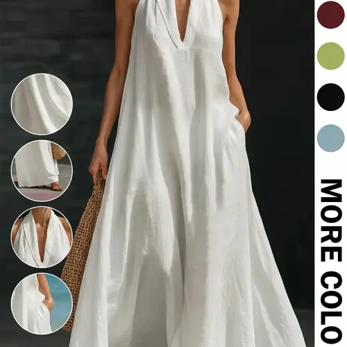 New 2026 Summer Women's Casual Plain V-Neck Dress, Lazy Neck Long Dress, Beach Vacation, Afternoon Tea, Daily Commute, Light Evening Wear