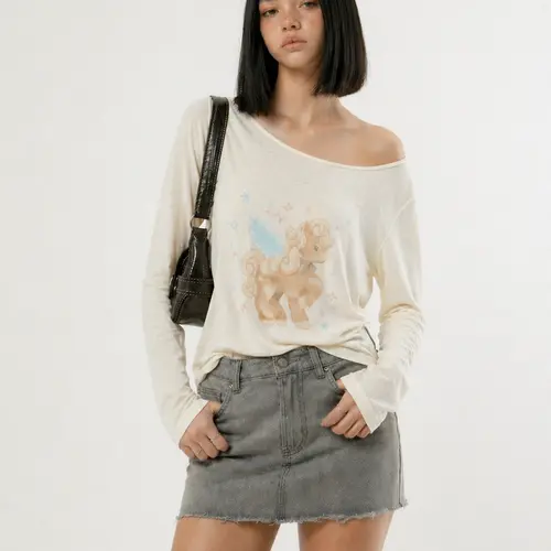 Aelfric Eden Angel Pony Long Sleeve Tee Asymmetrical Neckline Angel Pony Graphic Soft Lightweight Knit Fabric Y2K Cute Casual Streetwear Women Top,clothes for back to school,first day of school outfits