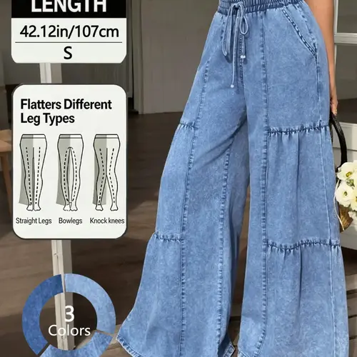 Elegant Women's Elastic Waist Drawstring Work Pants, Fashionable Versatile Loose Fit Jeans, Wide Leg Trousers for Everyday Wear