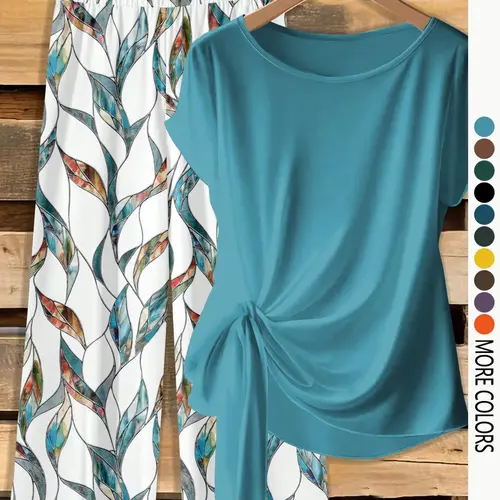 Women's Casual Printed Knot Shirt and Loose Straight Pants Set, Lightweight, Perfect for Spring and Summer, Comfortable Two-Piece Outfit