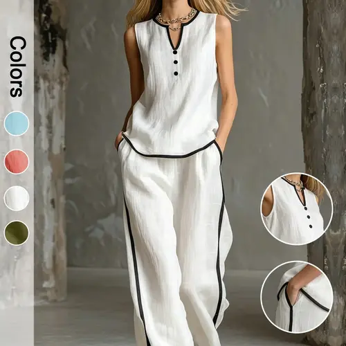 Women's Summer Loose-Fit Set, V-Neck Fake-Button Contrast-Edge Sleeveless Top and Wide-Leg Pants, 2-Piece Outfit for Casual Wear Clothes