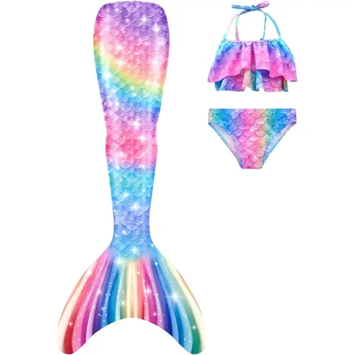 Girls' 3-Piece Mermaid Tail Swimsuit Set - Flounce Ruffle Bikini Top, Rainbow Print, Elastane Fabric, Bathing Suit for Play & Themed Events, Kids Clothing Girls Full Set + Tail (Fin Excluded), Swimwear Outfits