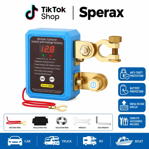 Sperax Wireless Remote Battery Disconnect Switch Vehicle Accessory - 12V/24V 240A Digital Voltage Display, Car Safety Kill Switch, Easy-Install Kit for Vehicle, RV, Boat, Adds Extra Anti-Theft Protection, Prevents Unauthorized Use