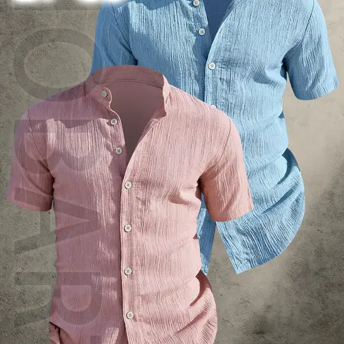 2pcs Men's Summer Short Sleeve Shirt - Lightweight Breathable Solid Color Button-Up Shirt Stand Collar, Beach Vacation, Pool Party & Casual Attire, Clothing, Casual Breathable Design, gift for husband, Menswear