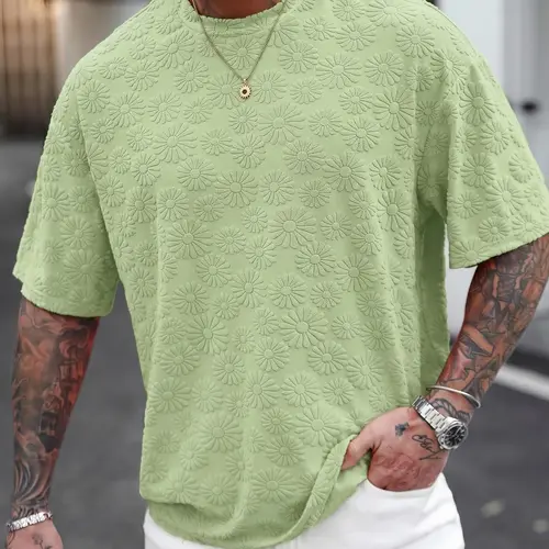 Men's Short Sleeve T-Shirt, Crewneck, Casual Tropical Floral Pattern, Fitted H-Type Silhouette, Round Neck, Summer Daily Wear, Fashionable Regular Fit Top, Classic, Streetwear