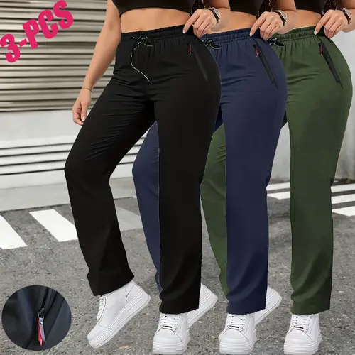 Women’s 3-Pack Summer High-Waist Straight-Leg Casual Jogger Pants with Zipper Pockets Fitted Minimalist Bottom Womenswear