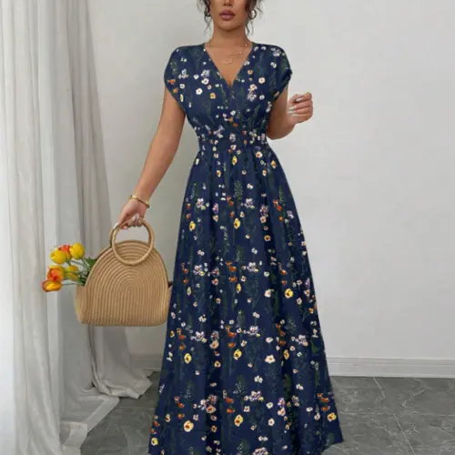 Women's Floral V-Neck Waist-Cropped Dress, Casual Fitted Dress, Womenswear, Elegant Summer Fashion, Perfect for Casual, Comfortable & Stylish Design, Casual Summer Sundresses