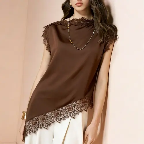 Women's Lace Patchwork Asymmetrical Hem Casual Shirt Blouse Top, Boho Tops, Stylish, Chic, Elegant and Comfortable Design, Perfect for Daily Wear and Special Occasions