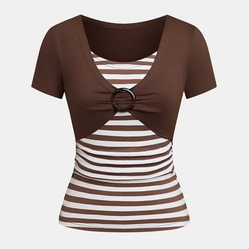 Trendy Ruched Twist Striped Top Blouses, V-Neck O-Ring Accent, Slim-Fit Casual for Summer Vacations, Evening & Night Outings, Fitted Womenswear, Summer Vibes Tops