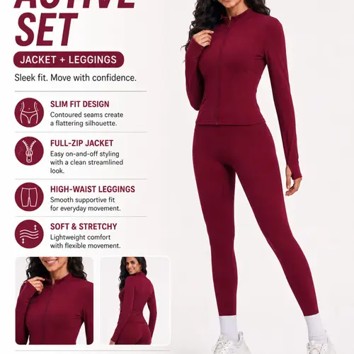 Women's Two-Piece Sport Set, Slim Fit Yoga Clothes Set, Long Sleeve Zipper Yoga Jacket & High-Waist Tight Pants for Gym, Running and Fitness, Quick Drying Outfits, Sportswear Set