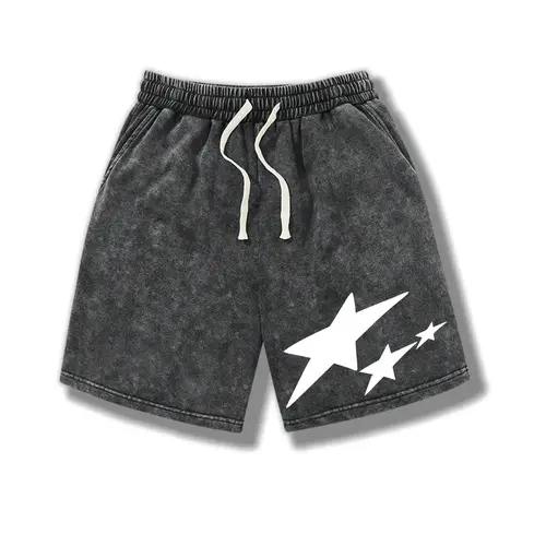Men’s summer athletic shorts with star print, washed distressed cotton fabric; casual loose fit with a drawstring waist and pockets; retro street style from the 2000s. Suitable for running, golf, fishing, basketball, camping, gym, swimming, and beach.