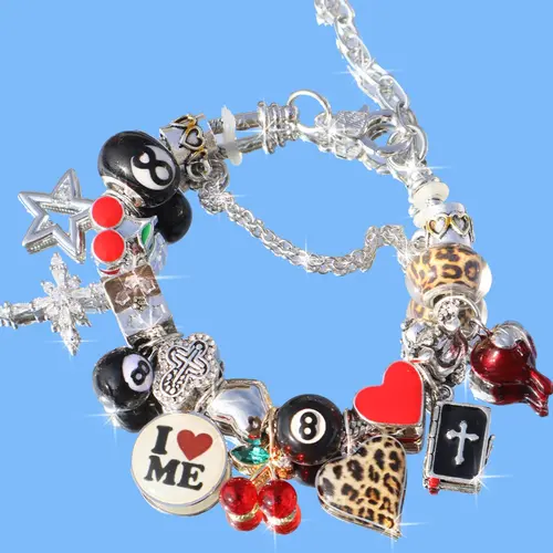 Cherry Charm Bracelet, Leopard Print Star Girl Slogan Bracelet, Dark Heart Cherry Skull Bracelet, Cross Star Bracelet, Punk Music Festival Bracelet, Stacked Design Bracelets, Charms Bracelet, Chain Bracelet, Alloy Chain Bracelet, Bracelet Jewelry