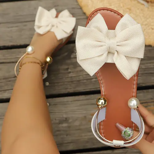 Women's Cute Plain Bow Decor Flat Sandals, Fashionable Open Toe Textile Shoes, Elegant Outdoor Beach Footwear, Casual Summer Shoes, Classy Sandals, Slip On Sandals