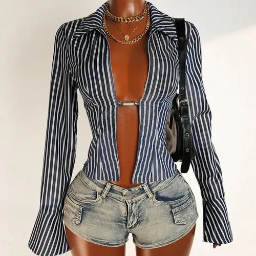 Women's Striped Lapel Long Sleeve Blouse Top Shirts, Split Hem Design, Elegant for Daily Wear, Parties & Special Occasions