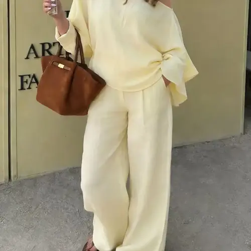 Fashion Women Summer Vacation Relaxed Casual Style Simple Minimalist Asymmetrical Neck Solid Color Baggy Loose Oversized Top with Straight Leg Wide Leg Pants Two Piece Set Clothes