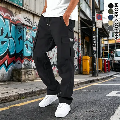 Men’s casual solid-color cargo pants — casual athletic pants with multiple pockets, drawstring waist, outdoor work pants, running pants; 100% polyester; regular fit suitable for all seasons.