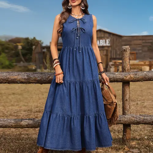 Women's Sleeveless Denim Long Dress, Summer Tie-Back Adjustable V Neck Layered Ruffle Loose A-Line Boho Summer Holiday Fashion Casual Chic Jeans Dress, Comfortable and Stylish, Boho Style Womenswear