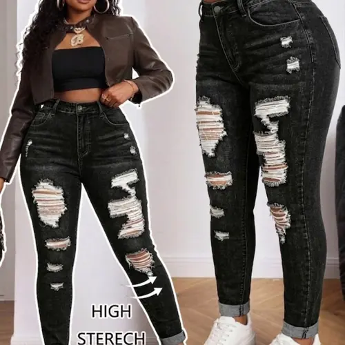 Women's Plus Size Denim Long Pants, High Stretch Skinny Fit Jeans, Trouser, Button, Ripped Design, Y2K Style, Streetwear, Casual Fashion Elegant, Suitable for Spring Summer All Seasons, Womenswear