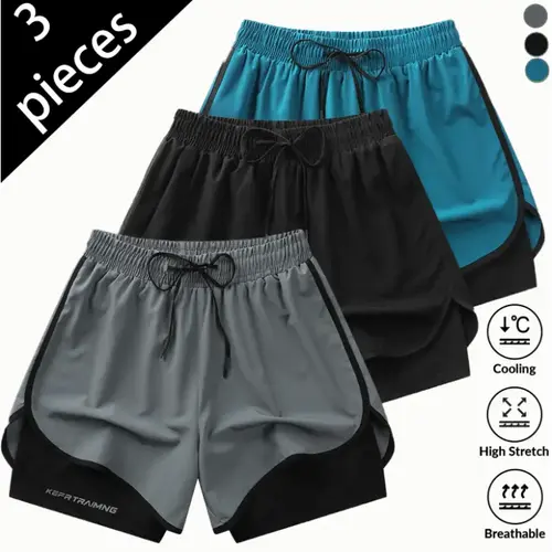 Women’s summer 3-piece quick-dry sports shorts set, cool and breathable hot pants with a faux two-piece design to prevent exposure, suitable for fitness, yoga, and running