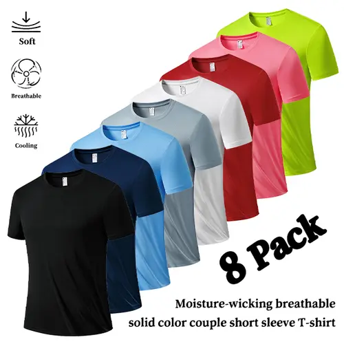 8PCS Men’s Quick-Dry Crew Neck T-Shirts, Moisture-Wicking, Breathable, Soft Cooling Touch, Sports Short-Sleeve Shirts for Fitness & Running, Unisex Everyday Couple Style