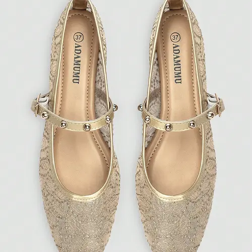 Women's Plain Square Toe Mary Jane Flat Shoes, Elegant Casual Shoes, Lace/ Jacquard Mesh Upper, Studs, Elegant Retro Style, Comfortable Daily Wear