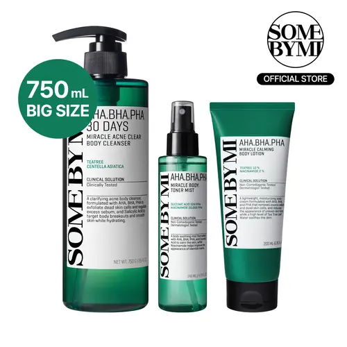 AHA-BHA-PHA Body Miracle Repair Set - Korean Skincare - 3-Step Routine for Body Acne & Texture - Cleanser, Mist & Lotion - Centella, Niacinamide