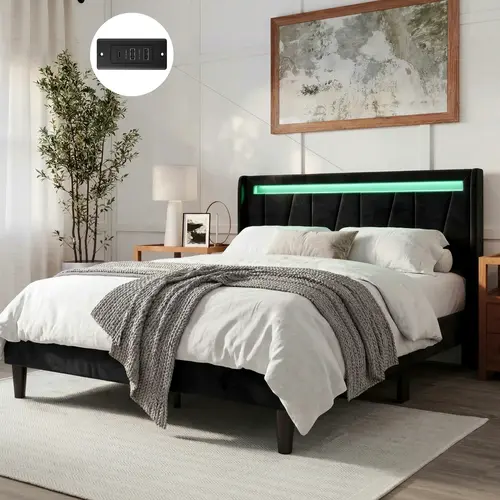 HOOMIC Full/Queen/King Size LED Bed Frame with Charging Station, Velvet Upholstered Platform Bed, Geometric Wingback Headboard – No Box Spring Needed, Easy Assembly, White/Black/Grey#TikTokShopDealsforYouDays#DealsforYouDays#Summervibes#Summergarden