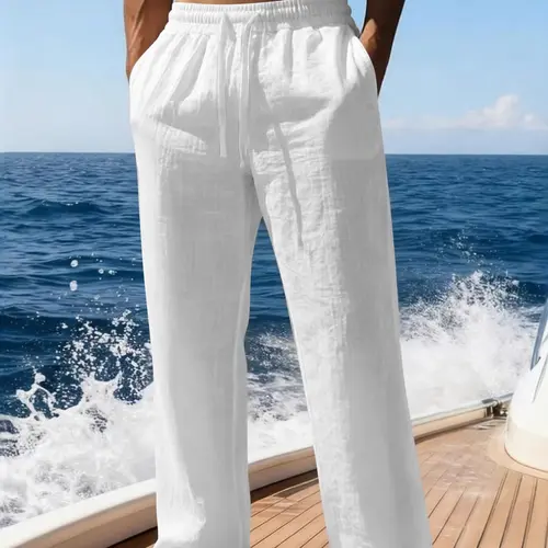 Men's Summer Basic Straight-Leg Linen Pants, Casual Beach Pants, Regular-Fit Casual Trousers, Casual Minimalist Trousers for Tropical Island Vacations, Casual Wear Bottoms, Men's Clothing, Menswear