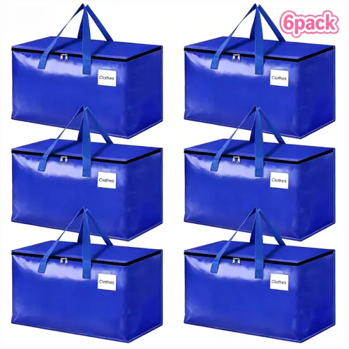 New 6-Pack Blue Heavy-Duty Polypropylene Large Storage Bags Organizer with Visible Labels, Wrap-Around Handles, Wide-Open Zip, 93L Capacity, Garage Storage Solution, Space Saver for Home Essentials, Moving/Travel Alternative to Moving Boxes