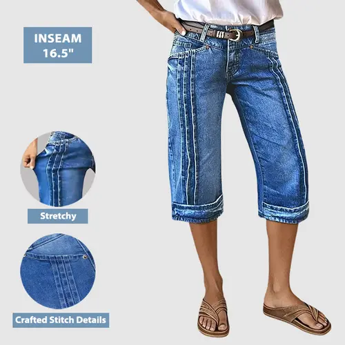 Flamingals Wash Stitch Detail Mid Waist Straight Leg Capri Jeans Womenswear Stretchy 18.1" Inseam