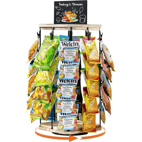 MOVATEK 360° Swivel Wooden Snack Stand - 5-Tier Kitchen Storage Rack, Multilayer Shelf with 40 Clips, Adjustable Shelf Rack for Food Items, Sturdy Base, Message Board, Countertop Concession/Party Use