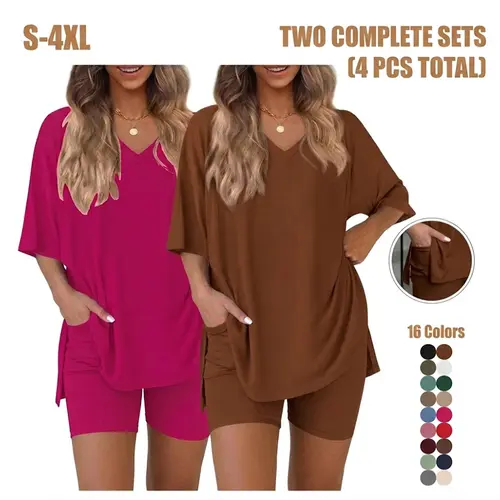 Women's Solid Color 2-Piece Summer Set | V-Neck Side Slit Tee & Biker Shorts with Pockets | Casual Loungewear & Comfy Pajamas
