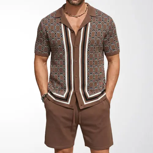 KZZ Men's 2-Piece Cuban-Collar Knit Set, New Summer Collection, Geometric Jacquard Short-Sleeve Cardigan & Matching Shorts, Casual Stylish Menswear Clothes