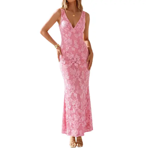 BORIFLORS Women's Floral Embroidery Mesh Elegant Sleeveless V Neck Mesh Bodycon Maxi Dress Summer Wedding Guest Dress Sexy Backless Date Night & Cocktail Long Dress 2026 Summer Trend Solid Color Womenswear,summeroutfits,vacationoutfits,beachoutfit