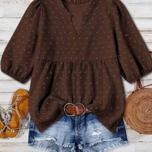 Plus Size Women's Deep Floral V Neck Chiffon Boho Blouse Lightweight, Bubble Sleeve Doll Shirt, Boho Style Shirt, Fall Retro Commuter Top, Casual Everyday Daily Wear