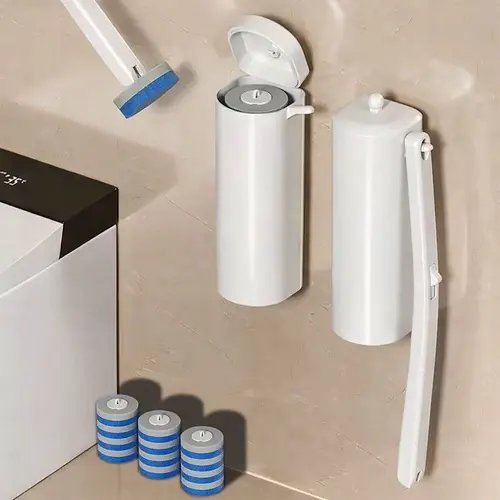 Compact Wall-Mount Toilet Brush Cleaner Set, Anti-Drip Durable Space-Saving Bathroom Supply with 12 Disposable Heads for Less Drips on Floor Spotless Cleaning, Toilet Brush Refills, Cleaning Supplies, Wall-Mounted Frees Floor Space