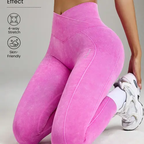 Women's Seamless Butt Lifting Yoga Pants, Washed Vintage High Stretch Tight Fit Knitted Sports Pants, Tummy Control Sportswear, Seamless Sculpt Leggings, Sporty Tight Pants