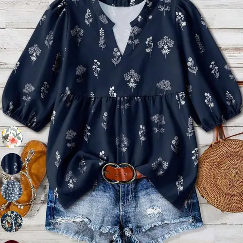 Plus Size Women's Navy Plant Print V-Neck Blouse, Bubble Sleeve Doll Shirt, Casual Chic All-Season Top, Office Wear, Everyday, Date Night Style