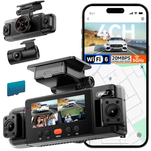 【Tool Upgrade】IIWEY N6 4-Channel 360° Dashboard Camera Recorder - 1080p FHD Front Rear Inside, 5.8G WiFi-6, App Control, Free 128GB SD Card, 8 IR Lights Night Vision, GPS, 24/7 Parking Mode, G-Sensor, Loop Recording, #tool upgrade