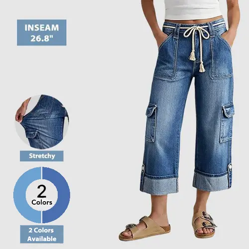 Flamingals Drawstring Flap Pocket Roll Hem High Waist Straight Leg Crop Jeans Stretchy 26.8'' Inseam