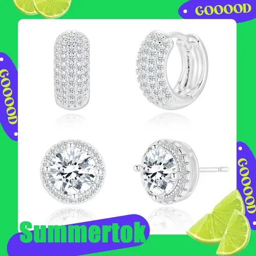 KINHOPI Earrings for Men - 2 Pairs 14K Gold/Silver-Plated Cubic Zirconia Round/Square Stud with Huggie Hoop Earrings Set for Women, Mens Earring Studs for Sensitive Ear